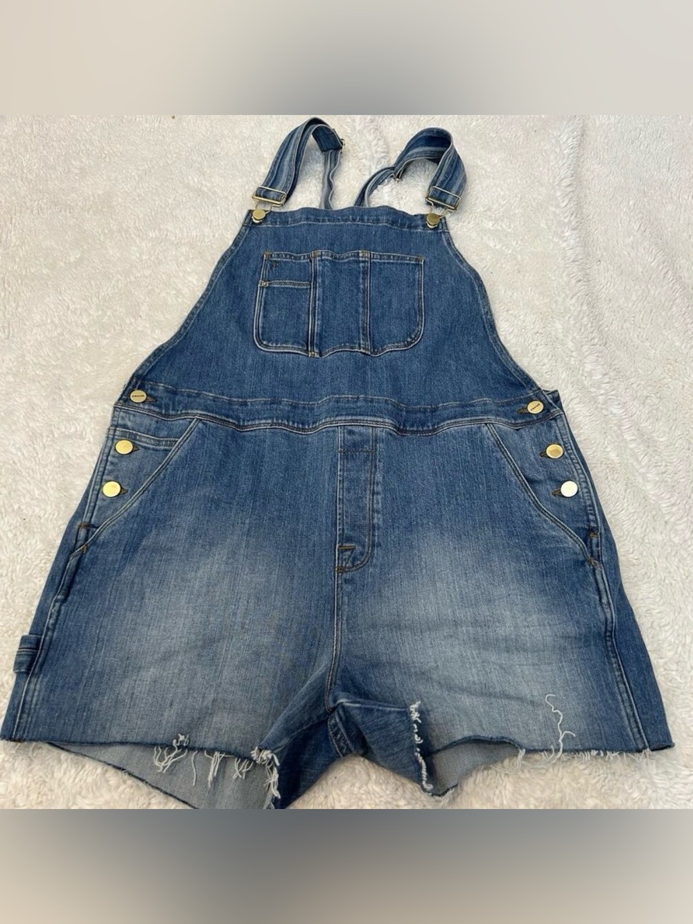 FRAME Denim L Blue Cutoff Short Overalls Raw Hem Shortalls